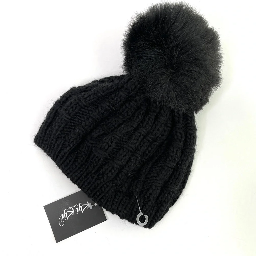 KYI KYI Cable Knit Beret With Faux Fur Pom NEW Black Beanie Hat